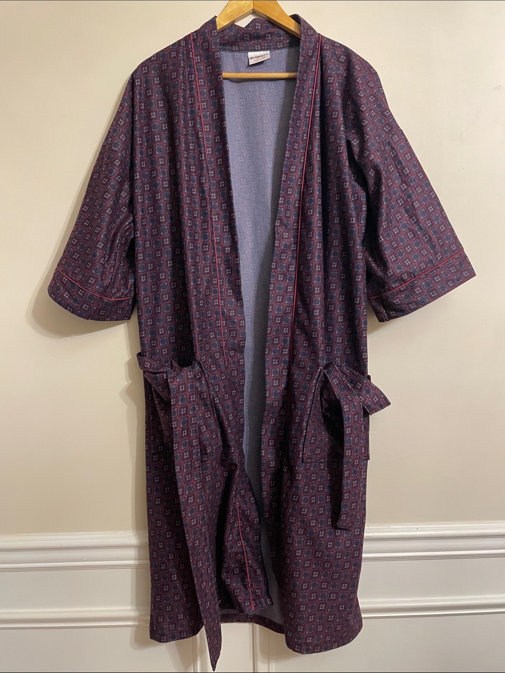 Vintage McGregor Men’s Robe One Size Burgundy Geometric Print Belted USA Made
